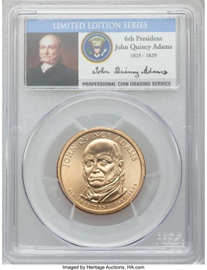 image for: (2008) $1 John Quincy Adams, Missing Edge Lettering, Satin Finish SP67 PCGS. This Presidential dollar missed the production...