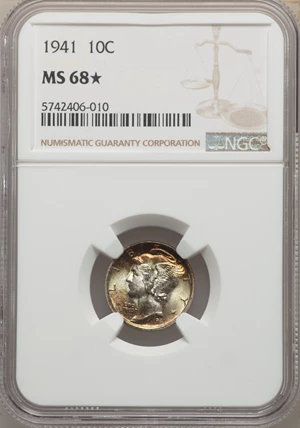 image for: 1941 10C MS68★ NGC. NGC Census: (3/0). PCGS Population: (8/0). MS68. Mintage 175,106,557....
