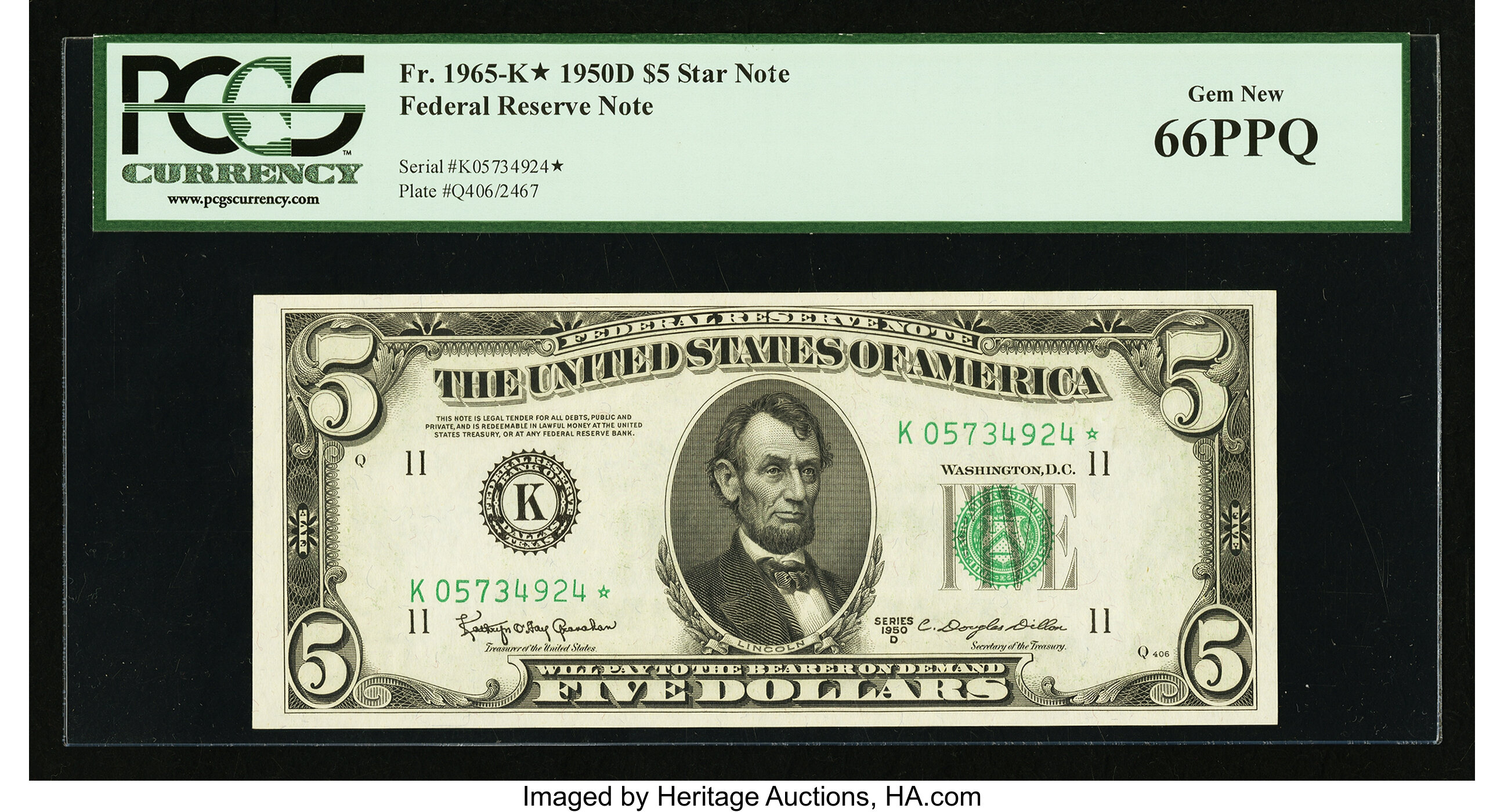 image for: Fr. 1965-K* $5 1950D Federal Reserve Star Note. PCGS Gem New 66PPQ....