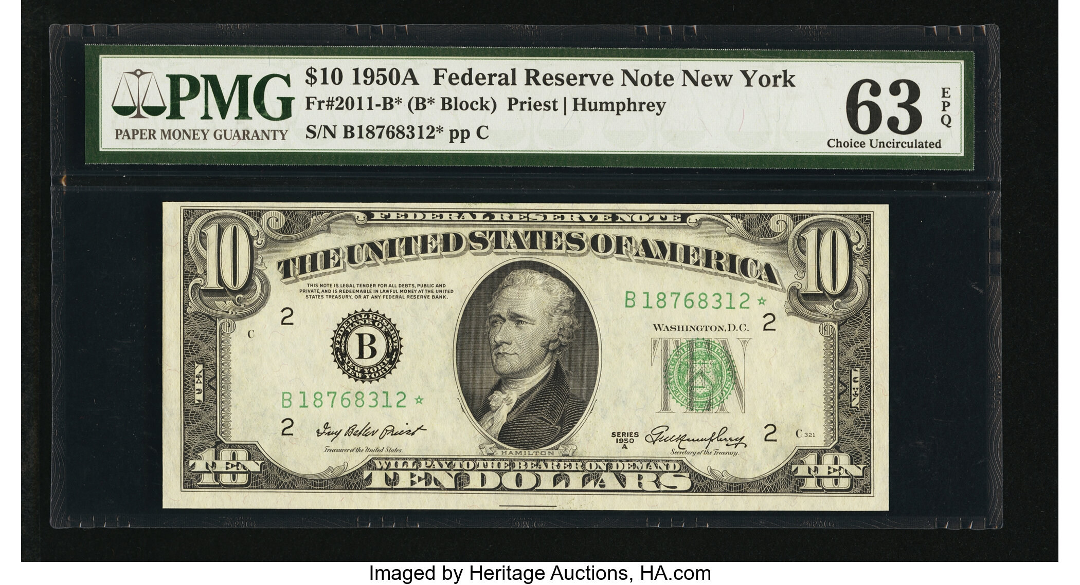 image for: Fr. 2011-B* $10 1950A Federal Reserve Star Note. PMG Choice Uncirculated 63 EPQ....
