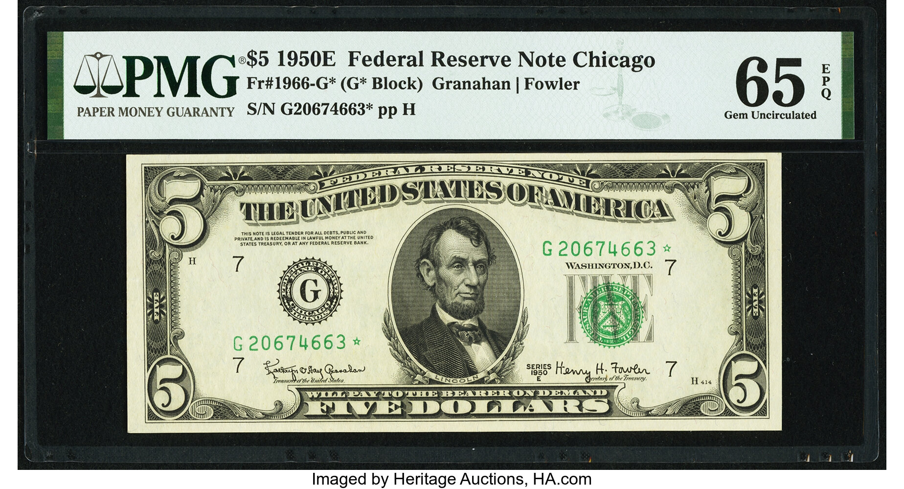 image for: Fr. 1966-G* $5 1950E Federal Reserve Note. PMG Gem Uncirculated 65 EPQ....