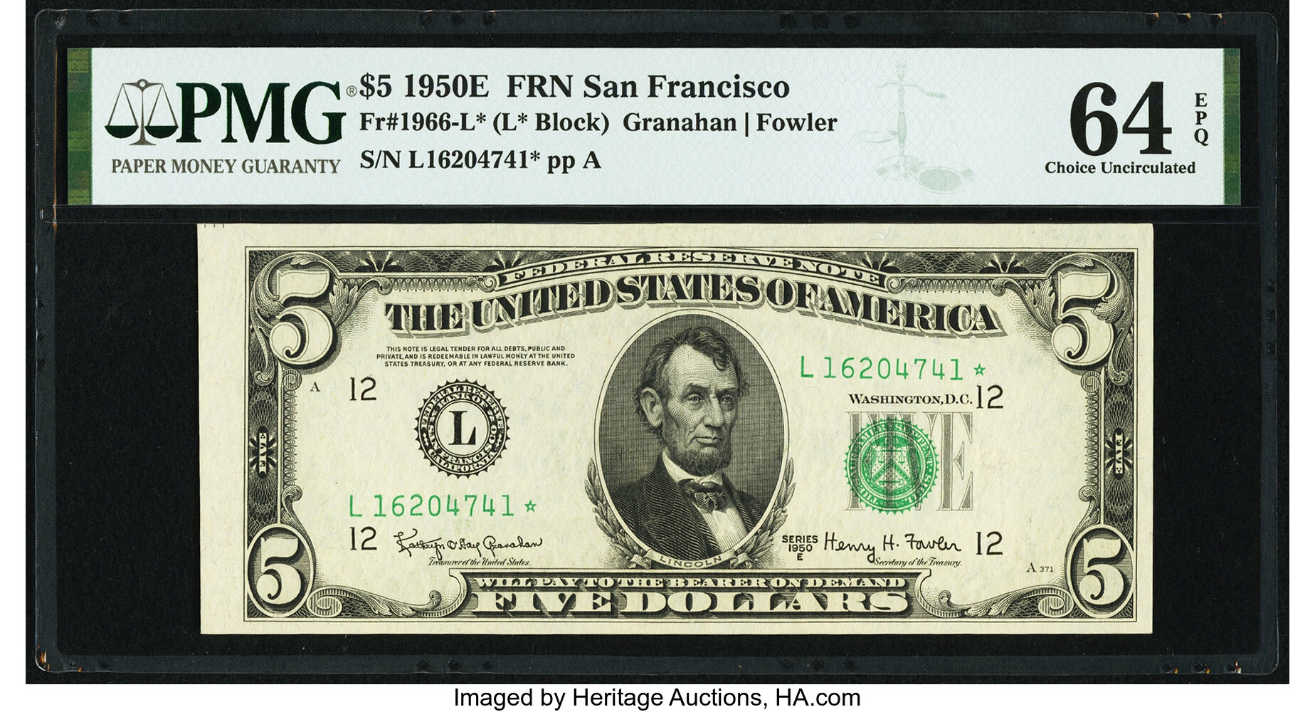 image for: Fr. 1966-L* $5 1950E Federal Reserve Note. PMG Choice Uncirculated 64 EPQ....