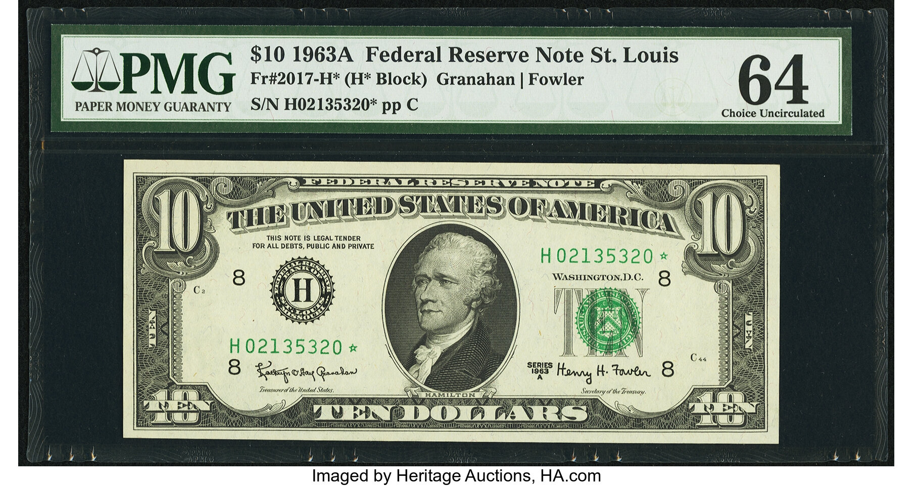 image for: Fr. 2017-H* $10 1963A Federal Reserve Note. PMG Choice Uncirculated 64....