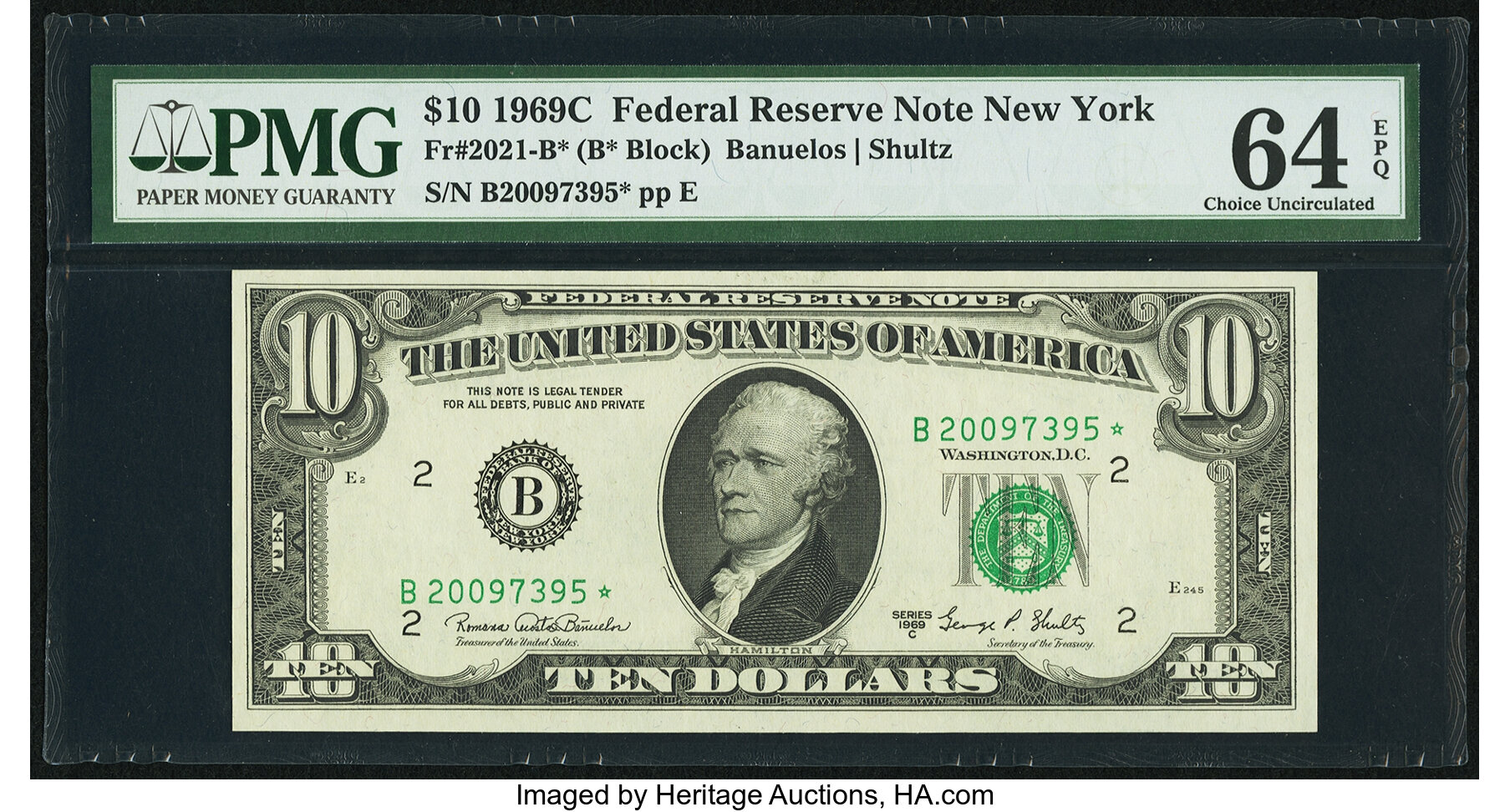 image for: Fr. 2021-B* $10 1969C Federal Reserve Note. PMG Choice Uncirculated 64 EPQ....