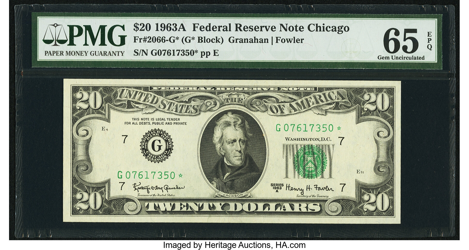 image for: Fr. 2066-G* $20 1963A Federal Reserve Note. PMG Gem Uncirculated 65 EPQ....