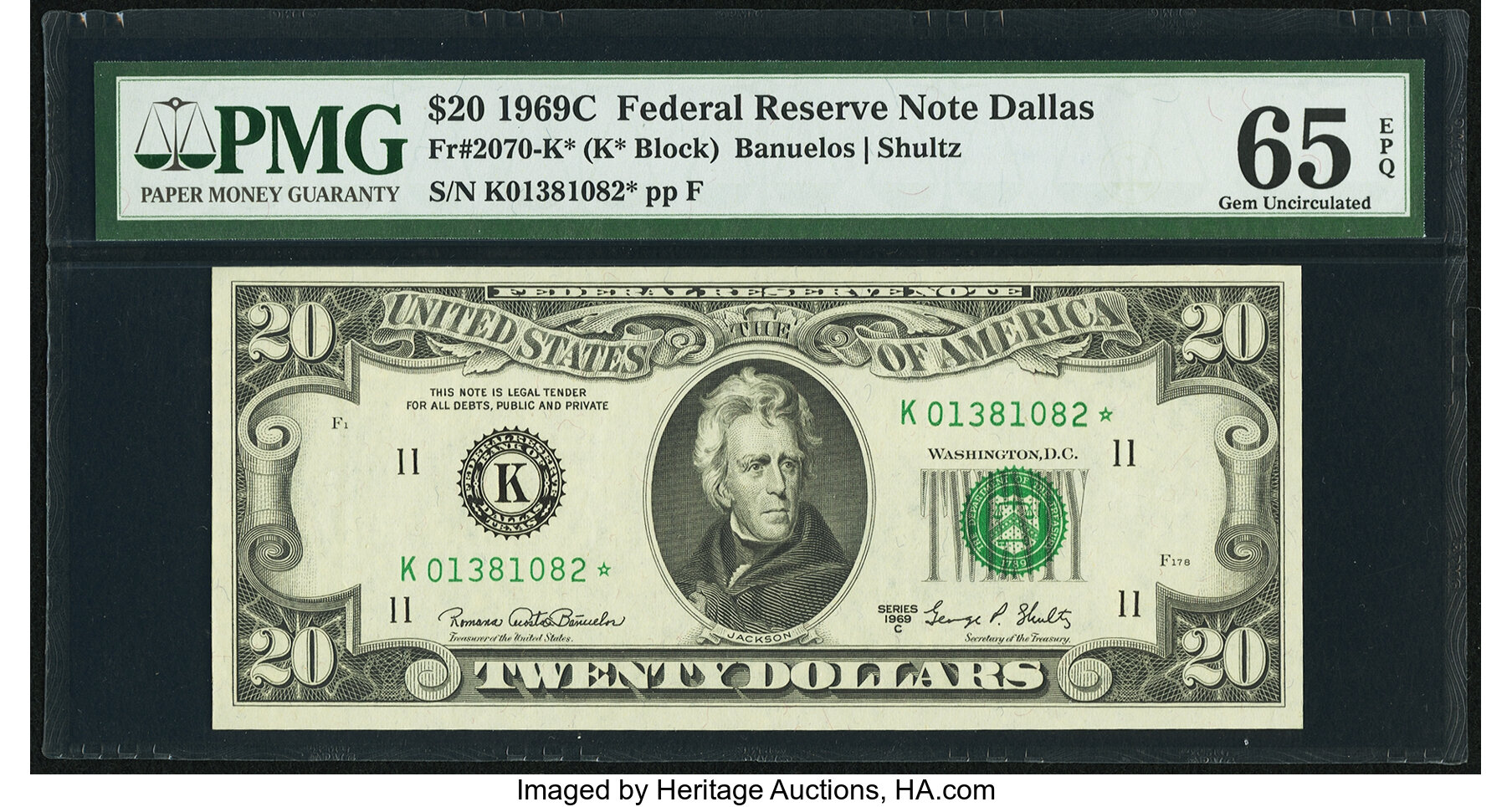 image for: Fr. 2070-K* $20 1969C Federal Reserve Note. PMG Gem Uncirculated 65 EPQ....