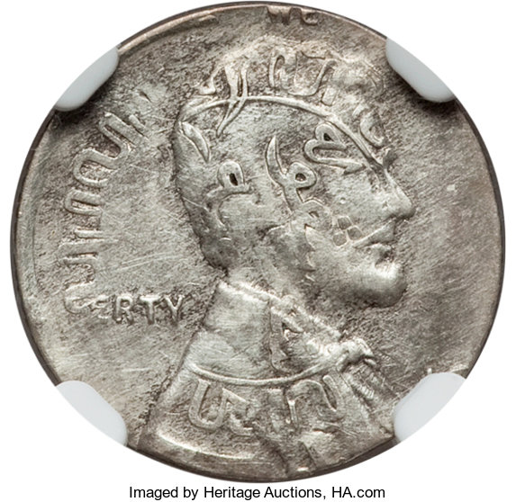 (1945-S) Lincoln Cent -- Overstruck on a Netherlands East Indies 1/10 Gulden -- AU58 NGC. ...