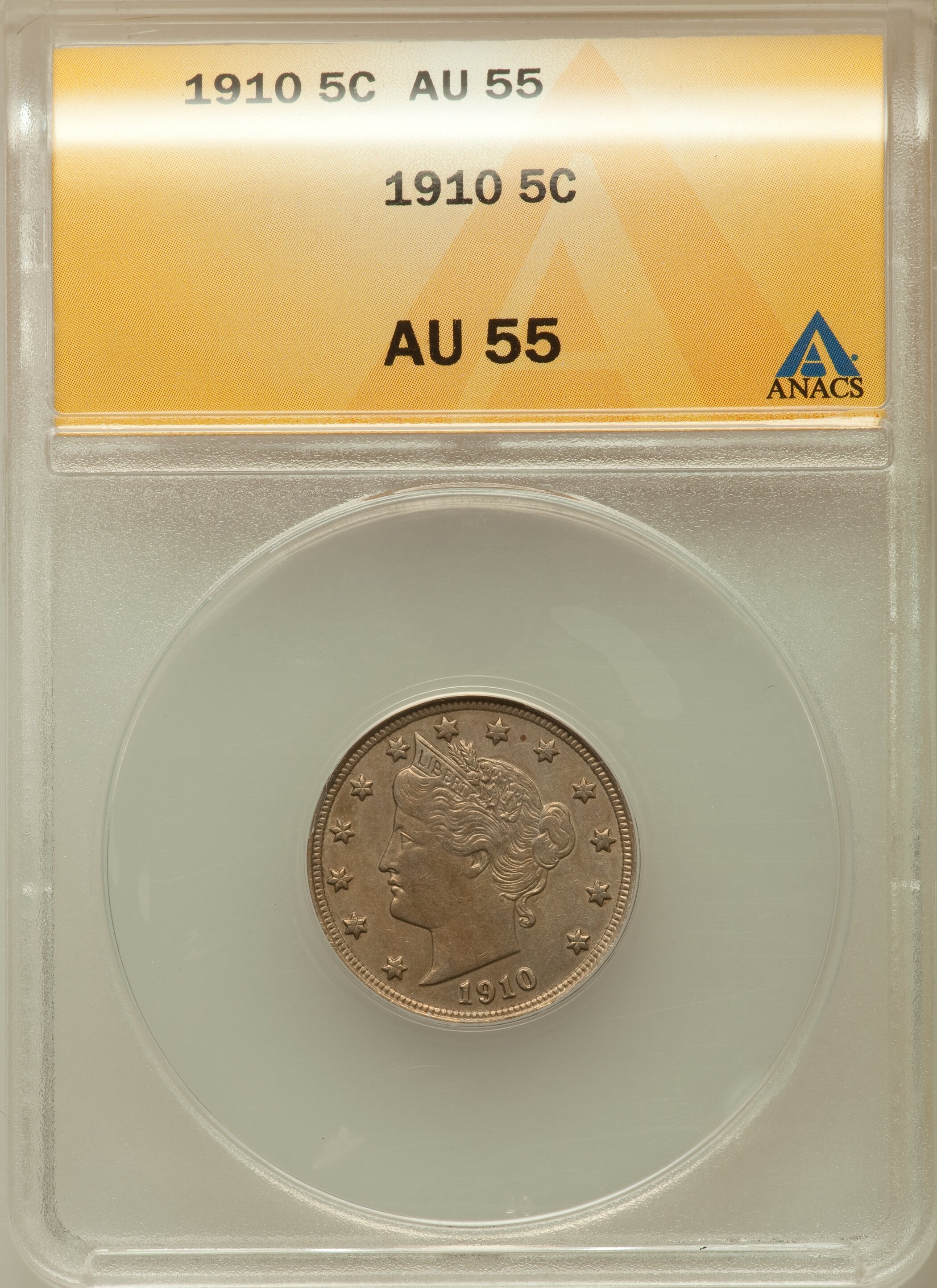 1910 5C AU55 ANACS. NGC Census: (8/573). PCGS Population (17/676). Mintage: 30,169,352. Numismedia Wsl. Price for problem f...