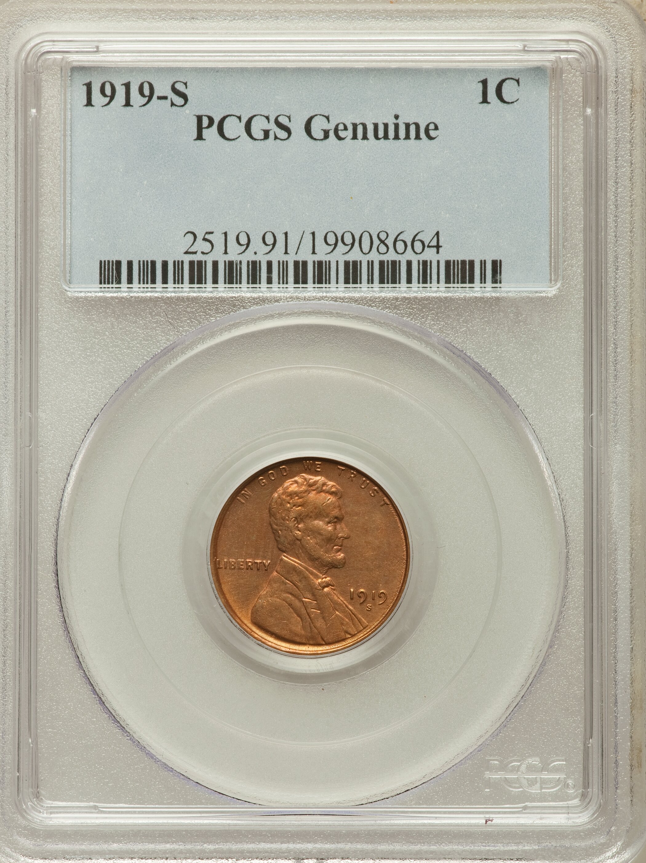 1919-S 1C -- Questionable Color -- PCGS Genuine. Mintage: 139,760,000....