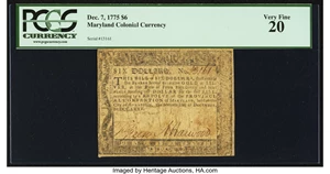 image for: Maryland December 7, 1775 $6 PCGS Very Fine 20....