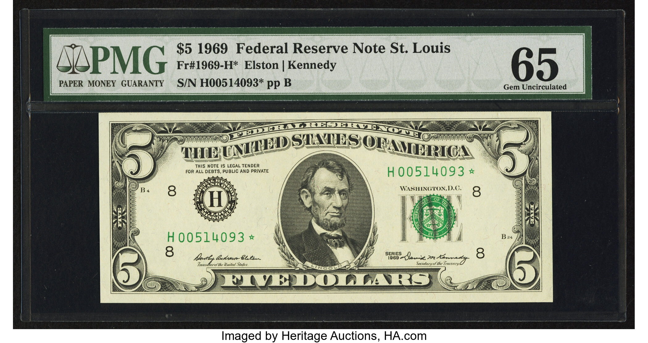 image for: Fr. 1969-H* $5 1969 Federal Reserve Star Note. PMG Gem Uncirculated 65....