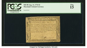 image for: Maryland August 14, 1776 $2 PCGS Fine 15....