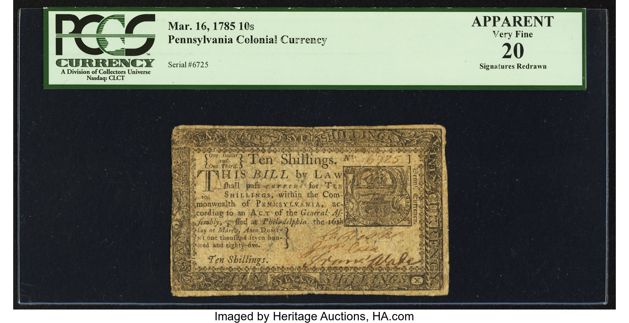 image for: Pennsylvania March 16, 1785 10s PCGS Apparent Very Fine 20....