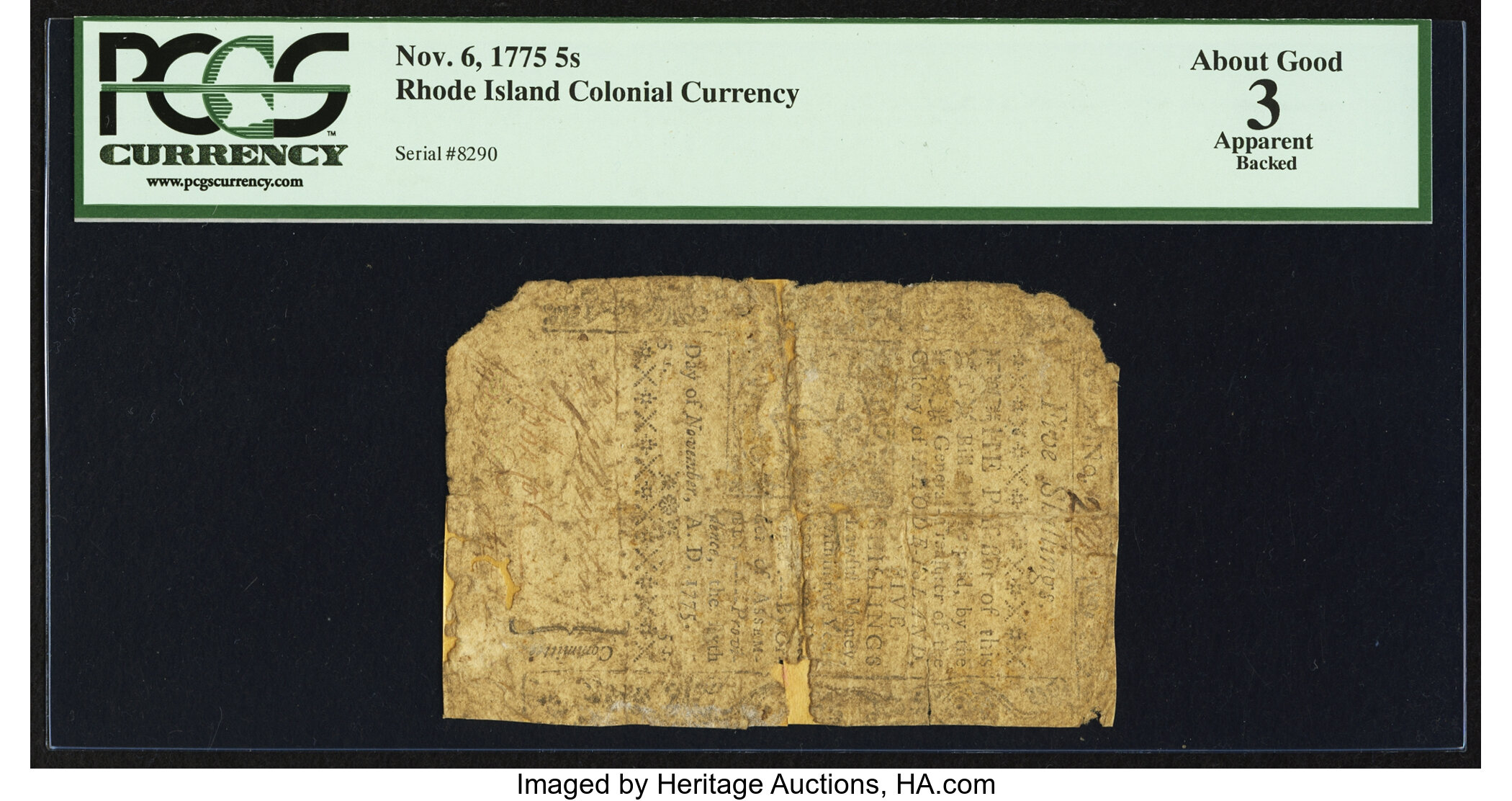 image for: Rhode Island November 6, 1775 5s PCGS Apparent About Good 03....