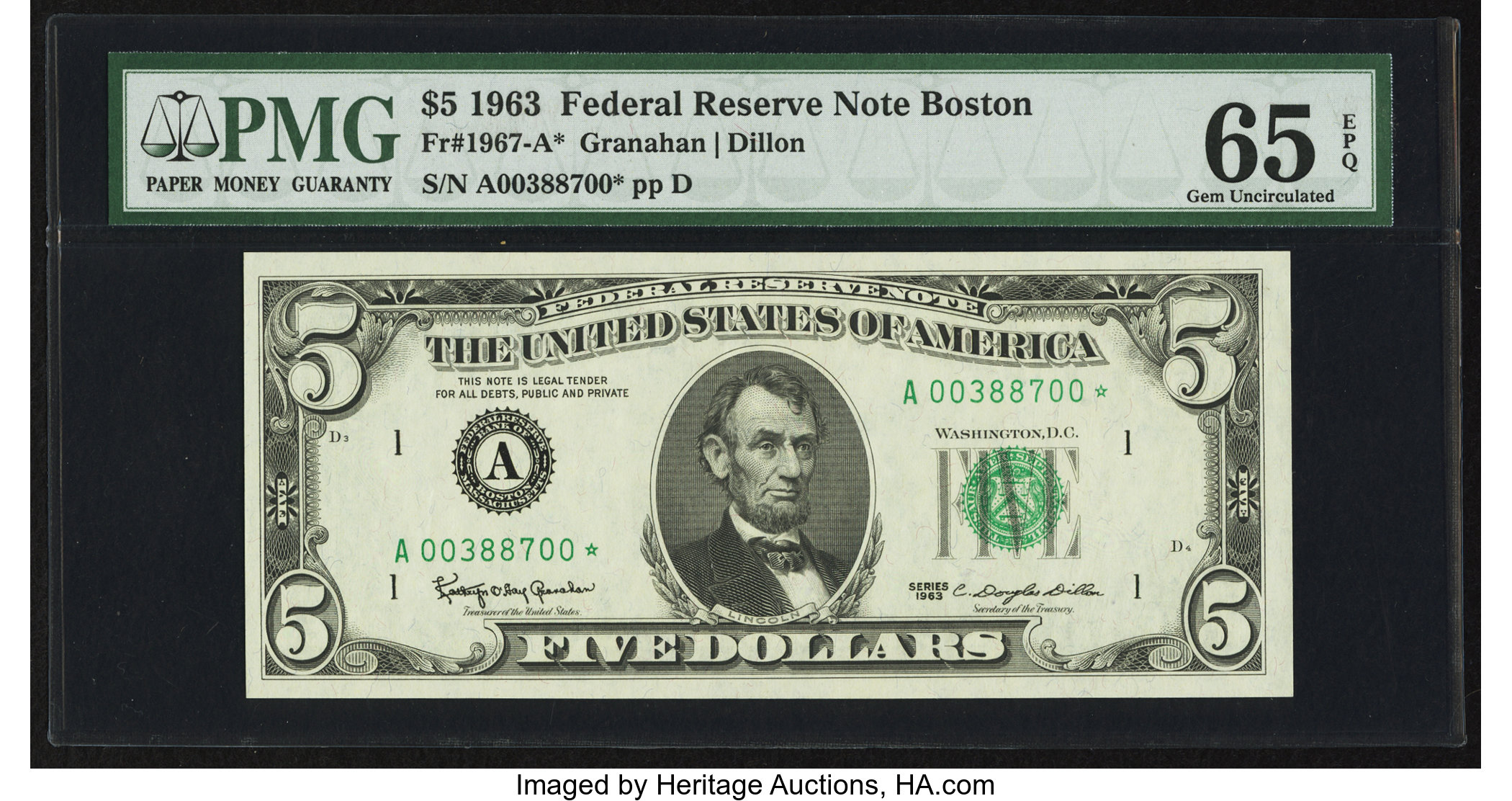 image for: Fr. 1967-A* $5 1963 Federal Reserve Star Note. PMG Gem Uncirculated 65 EPQ....