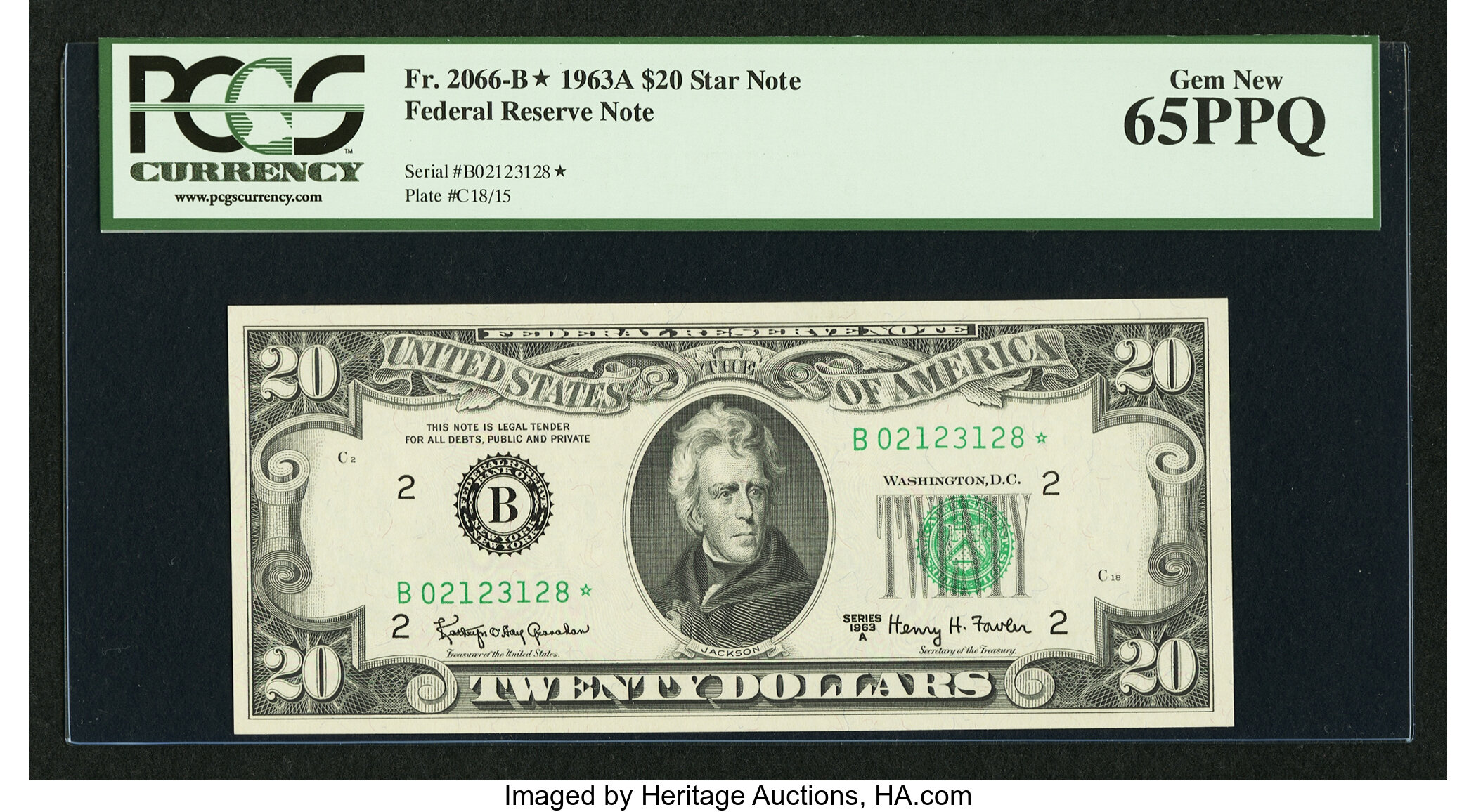 image for: Fr. 2066-B* $20 1963A Federal Reserve Note. PCGS Gem New 65PPQ....