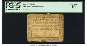 image for: Maryland December 7, 1775 $1/2 PCGS Very Good 10....