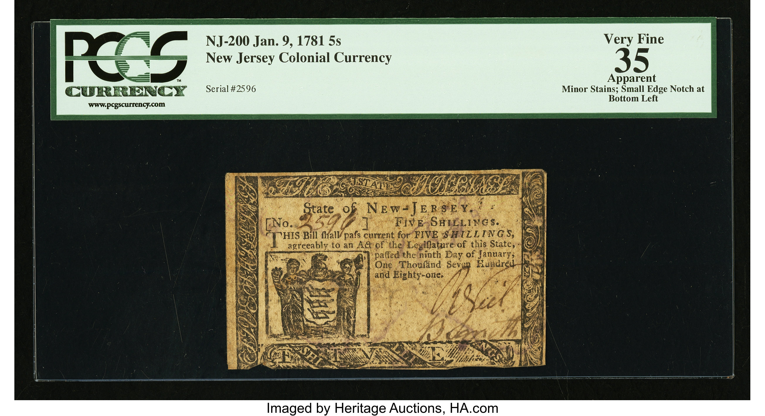 image for: New Jersey January 9, 1781 5s PCGS Apparent Very Fine 35....