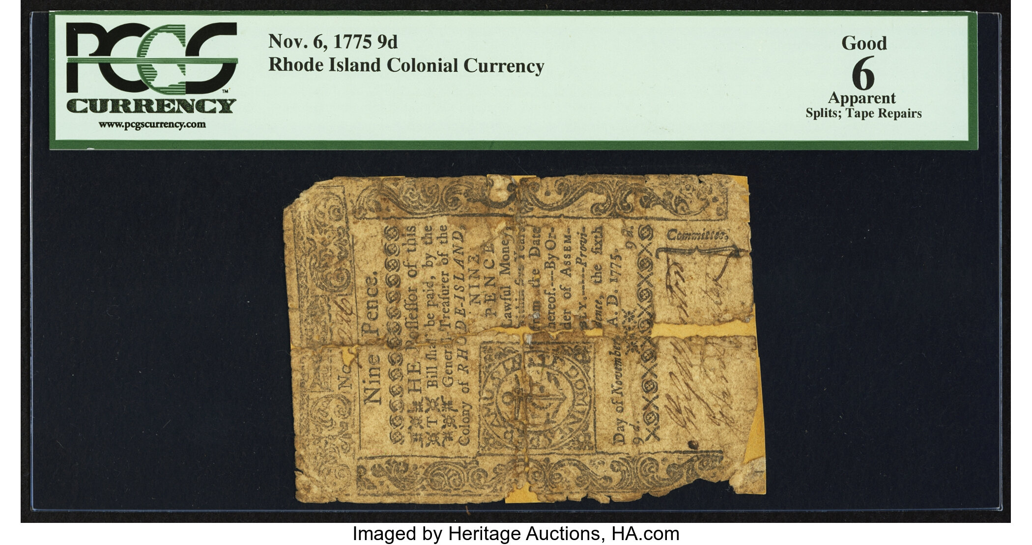 image for: Rhode Island November 6, 1775 9d PCGS Apparent Good 06....