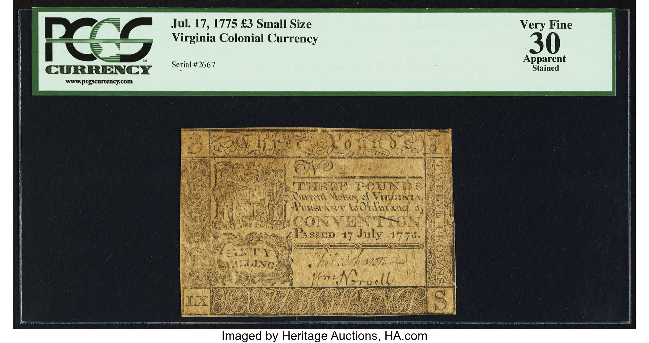 image for: Virginia July 17, 1775 £3 PCGS Apparent Very Fine 30....