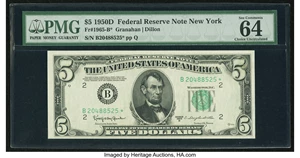image for: Fr. 1965-B $5 1950D Federal Reserve Note. PMG Choice Uncirculated 64 EPQ....