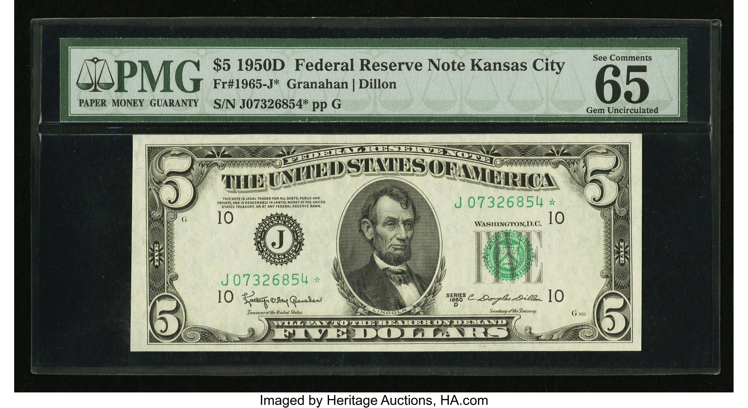 image for: Fr. 1965-J* $5 1950D Federal Reserve Note. PMG Gem Uncirculated 65 EPQ....