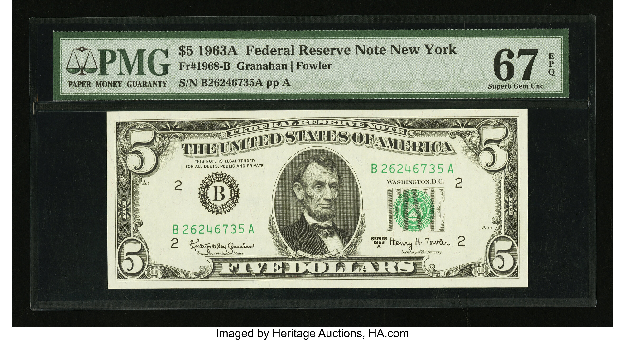 image for: Fr. 1968-B $5 1963A Federal Reserve Note. PMG Superb Gem Unc 67 EPQ....