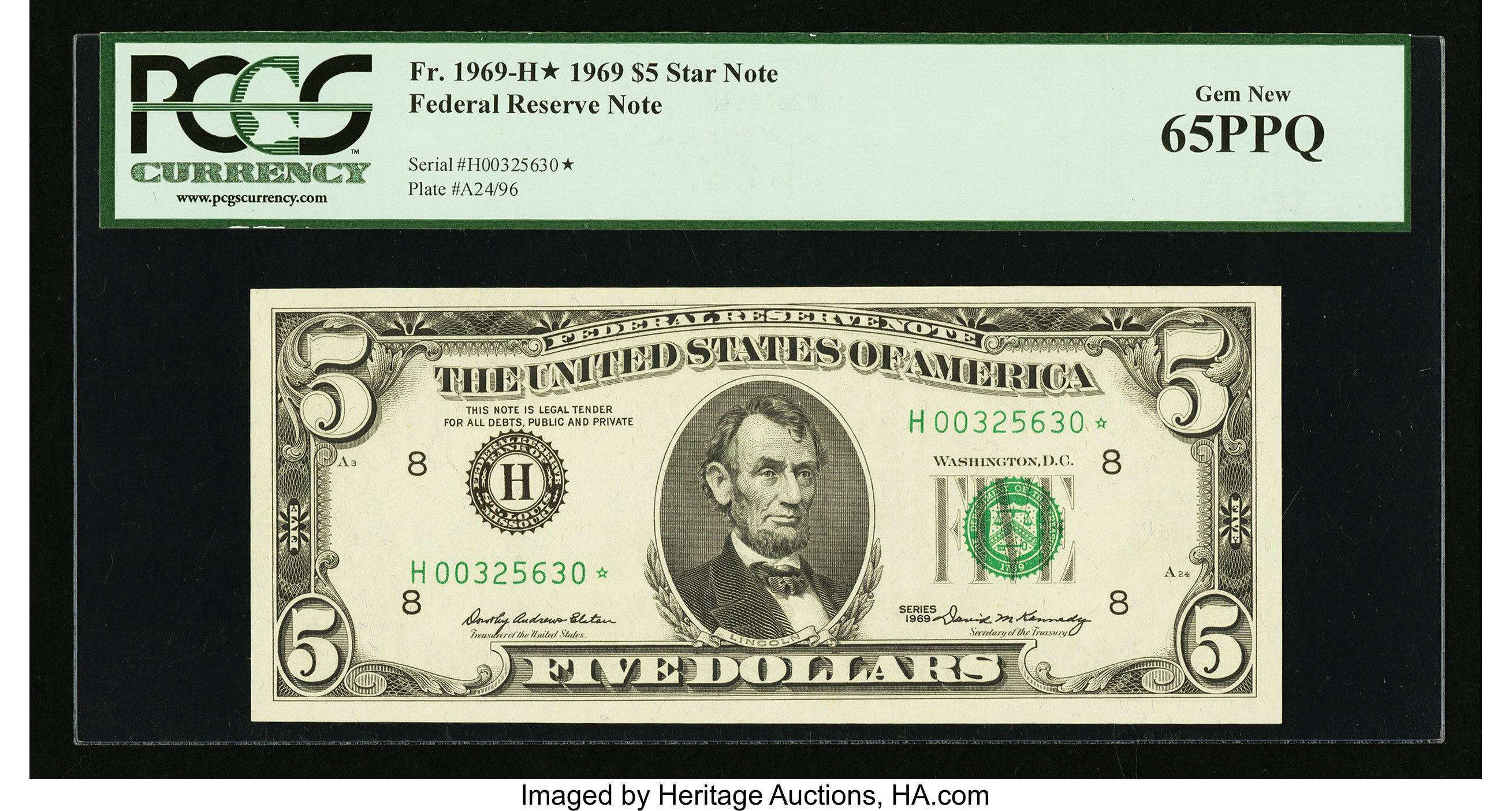image for: Fr. 1969-H* $5 1969 Federal Reserve Note. PCGS Gem New 65PPQ....