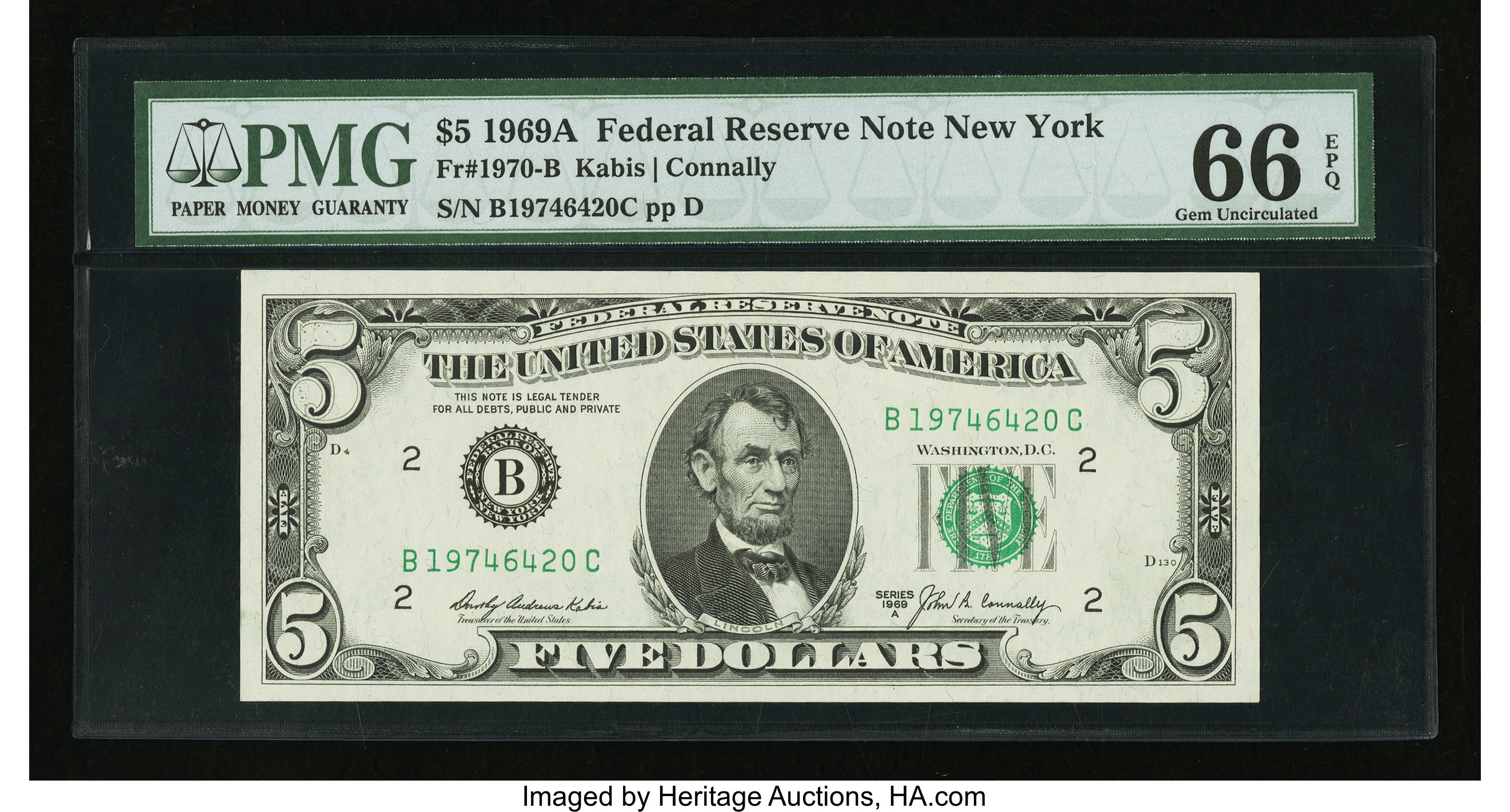 image for: Fr. 1970-B $5 1969A Federal Reserve Note. PMG Gem Uncirculated 66 EPQ....