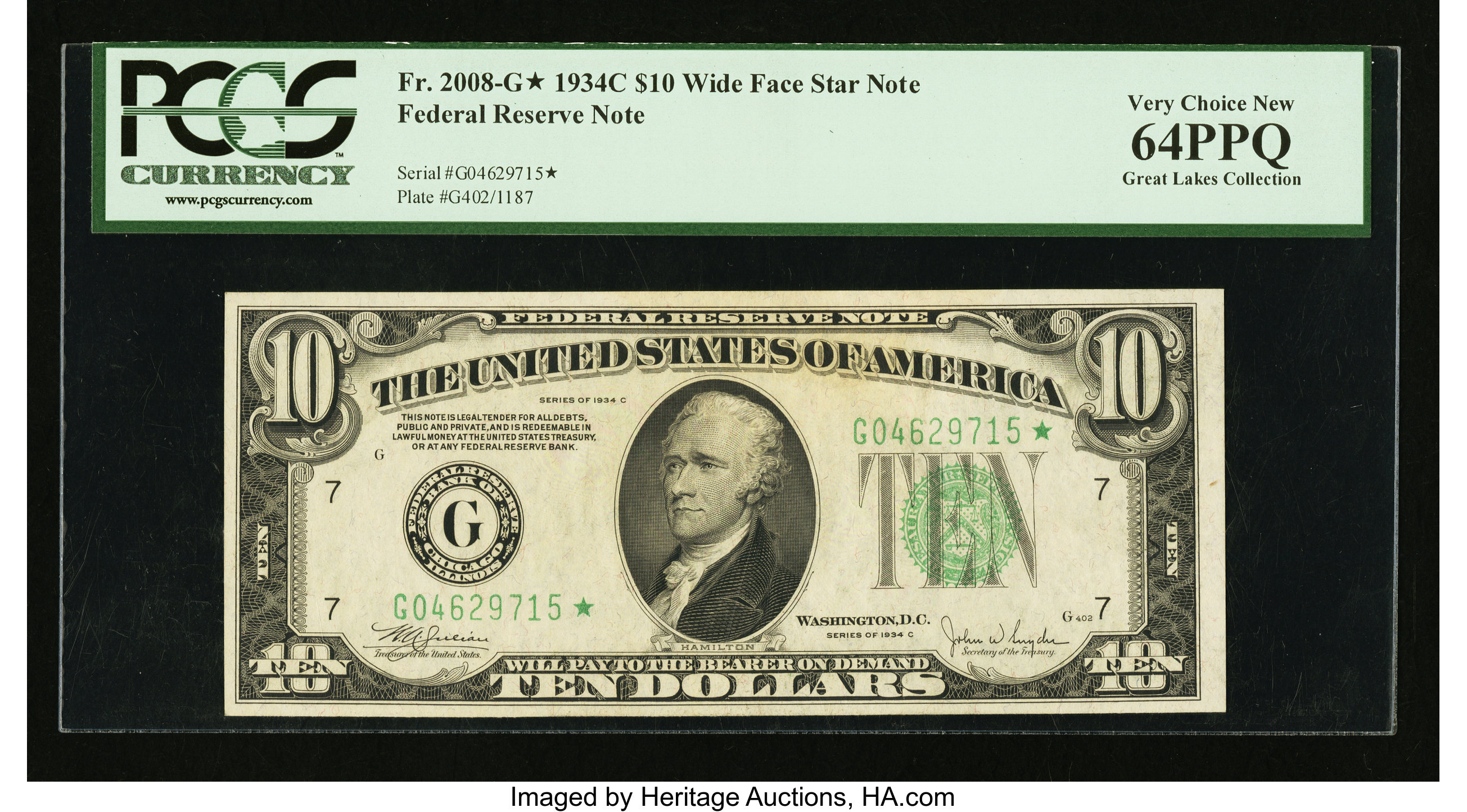 image for: Fr. 2008-G* $10 1934C Wide Federal Reserve Star Note. PCGS Very Choice New 64PPQ....