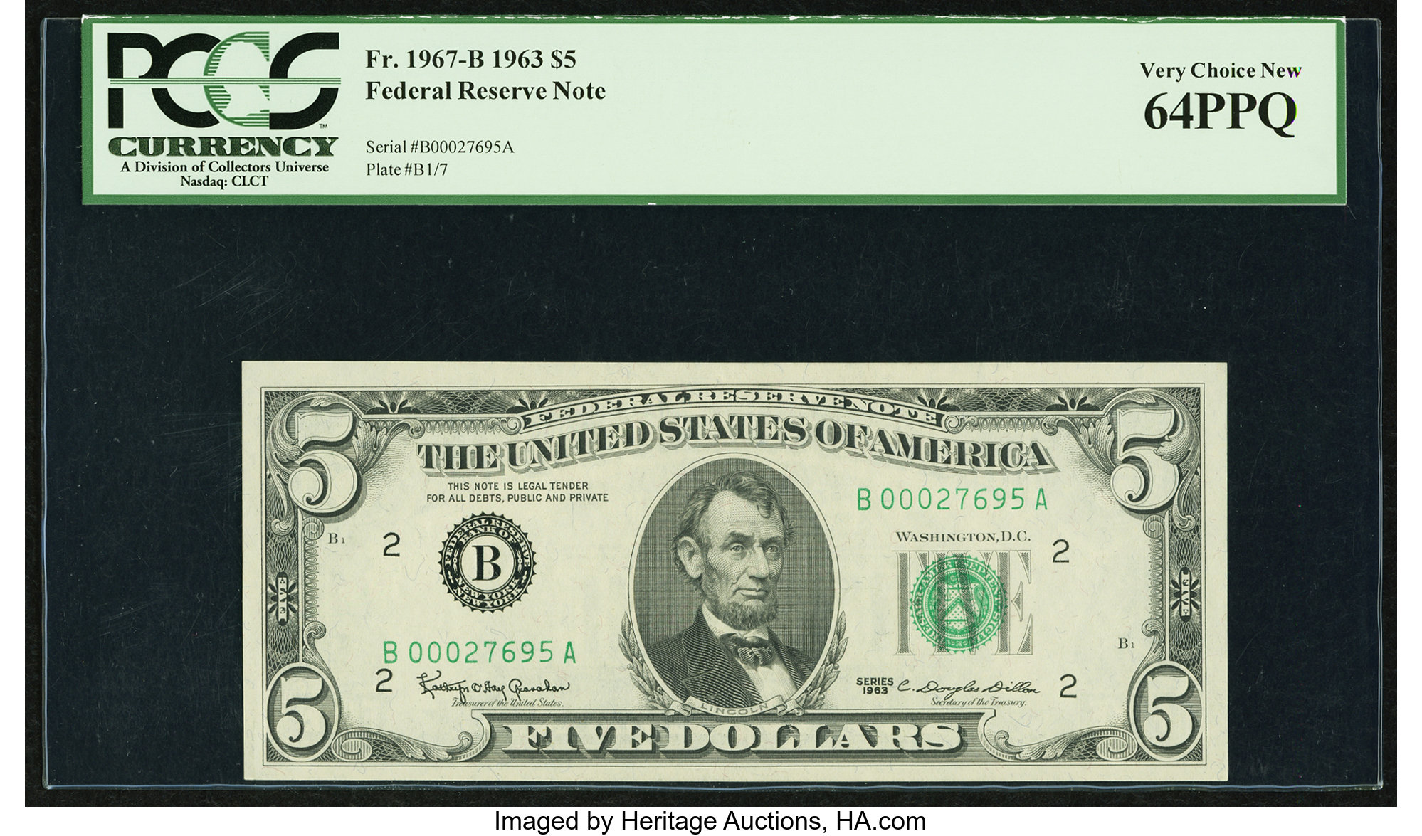 image for: Fr. 1967-B $5 1963 Federal Reserve Note. PCGS Very Choice New 64PPQ....