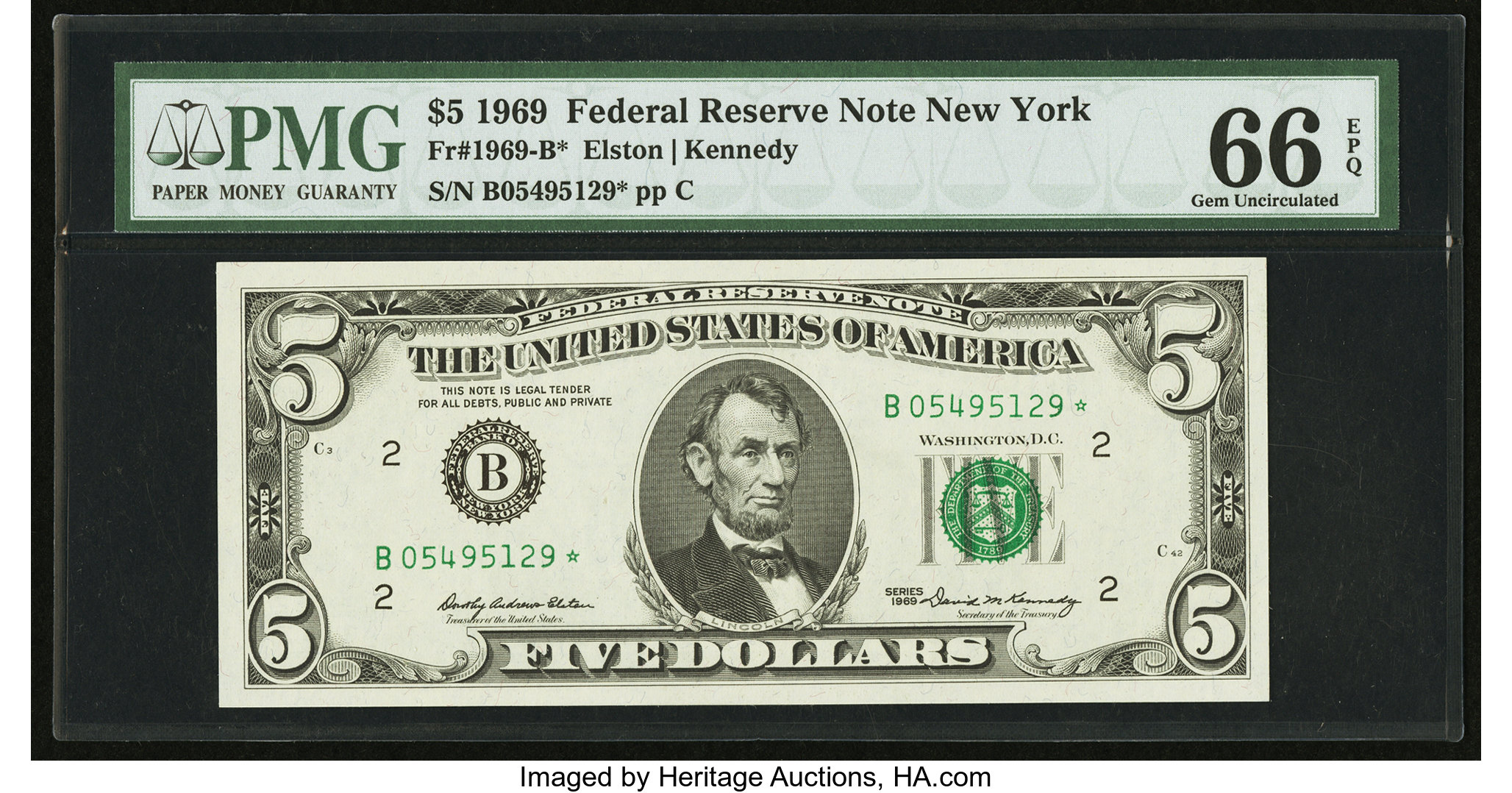 image for: Fr. 1969-B* $5 1969 Federal Reserve Star Note. PMG Gem Uncirculated 66 EPQ....
