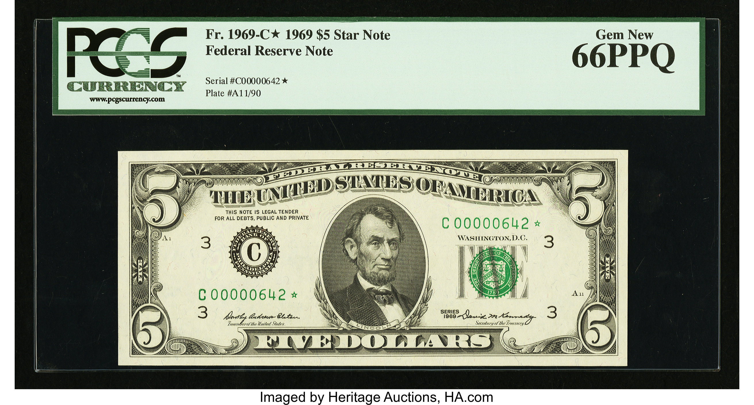 image for: Fr. 1969-C* $5 1969 Federal Reserve Star Note. PCGS Gem New 66PPQ....