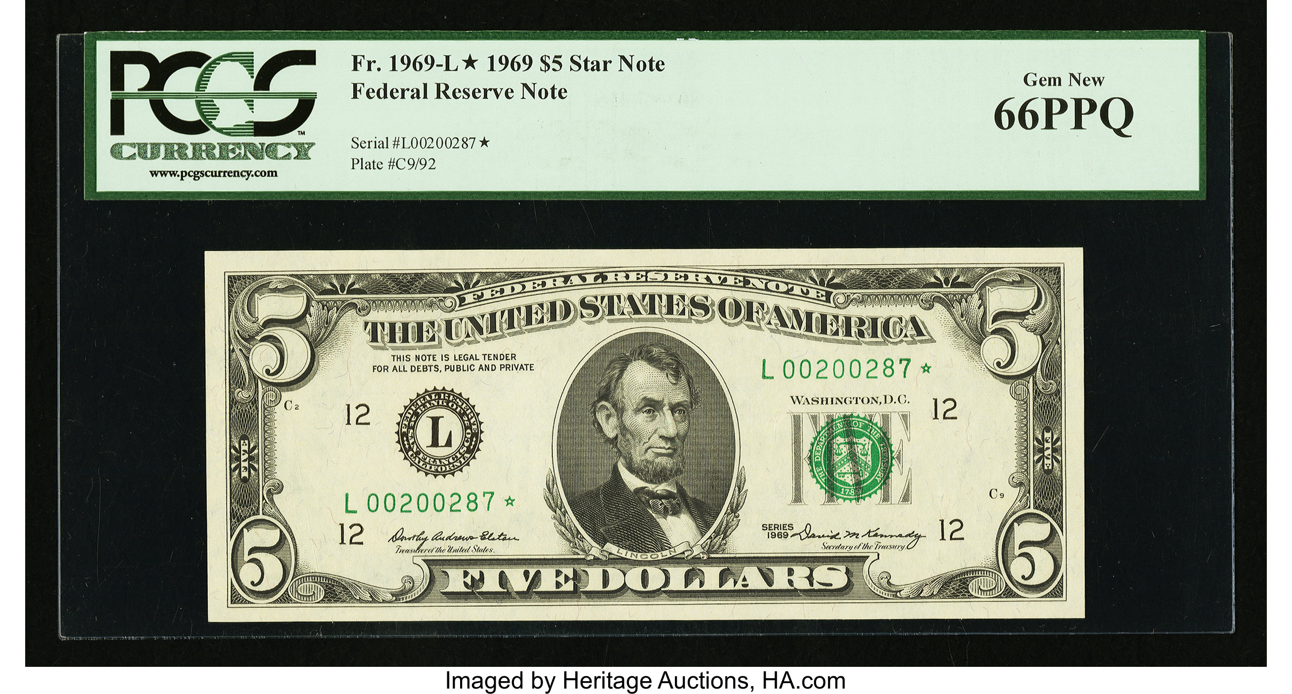 image for: Fr. 1969-L* $5 1969 Federal Reserve Note. PCGS Gem New 66PPQ....