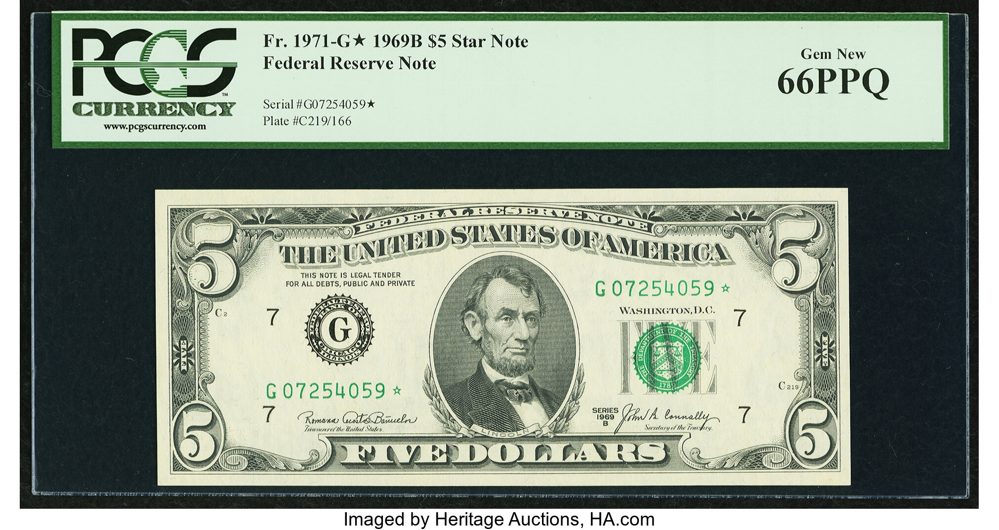 image for: Fr. 1971-G* $5 1969B Federal Reserve Star Note. PCGS Gem New 66PPQ....