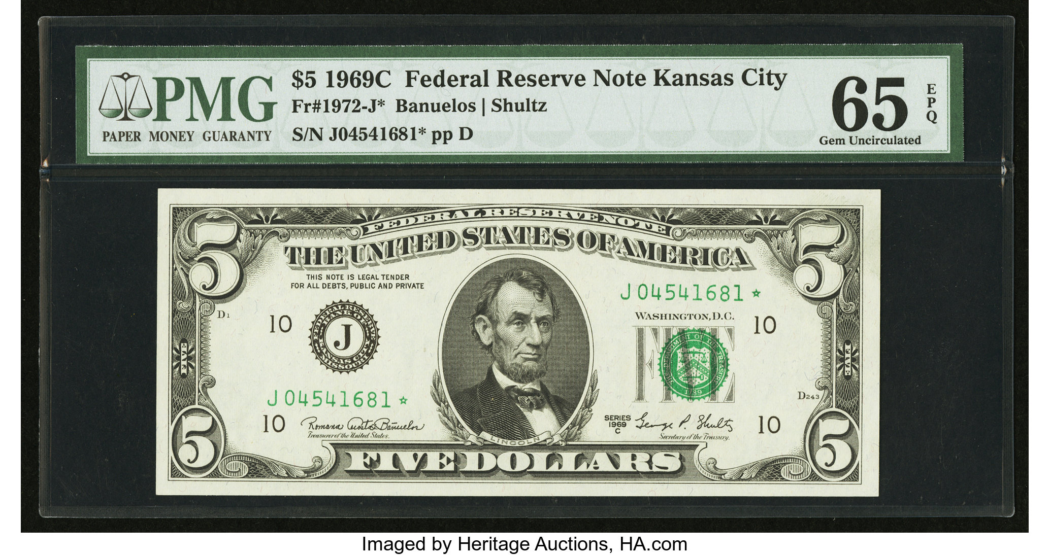 image for: Fr. 1972-J* $5 1969C Federal Reserve Star Note. PMG Gem Uncirculated 65 EPQ....