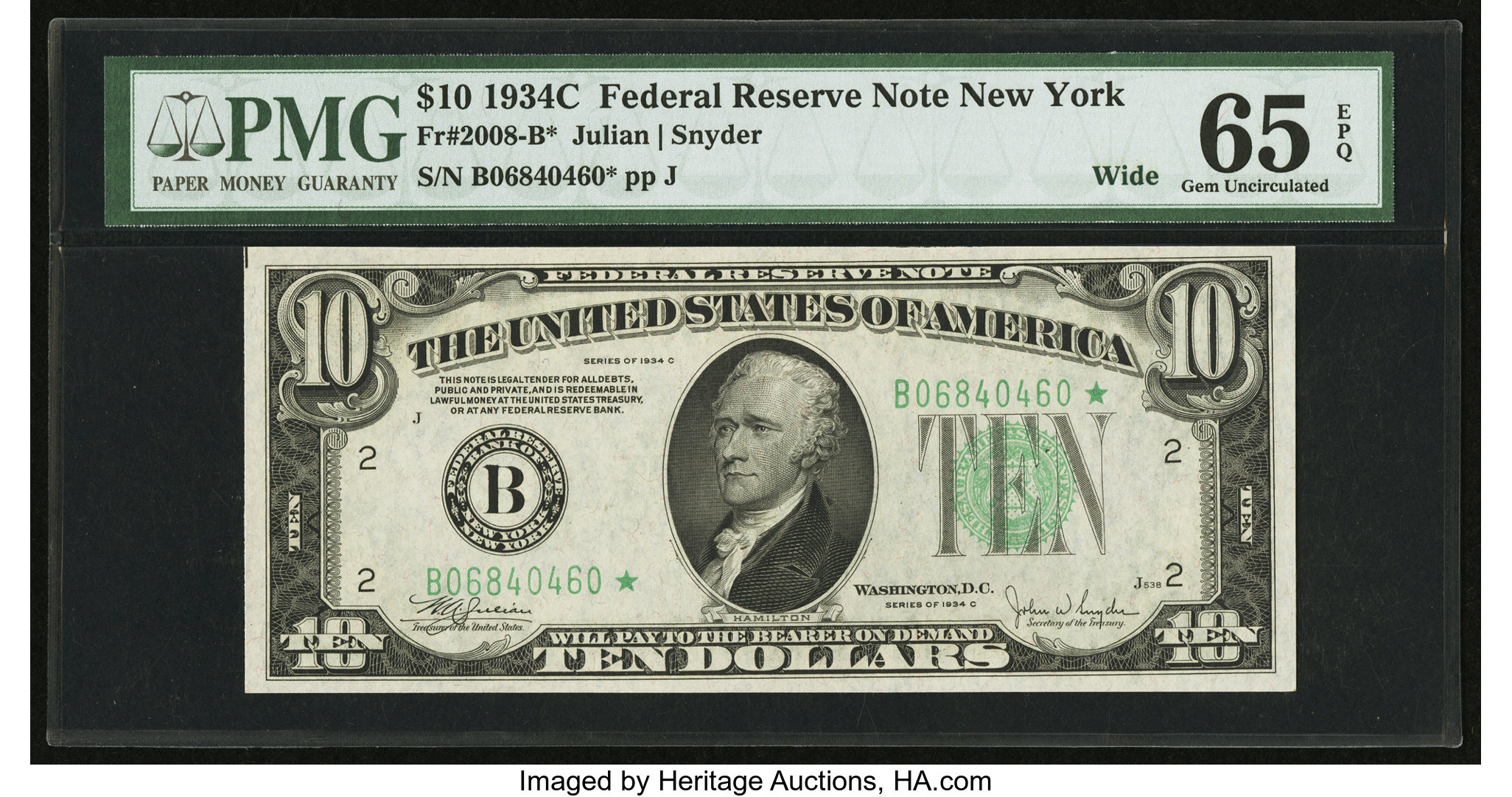 image for: Fr. 2008-B* $10 1934C Wide Federal Reserve Star Note. PMG Gem Uncirculated 65 EPQ....