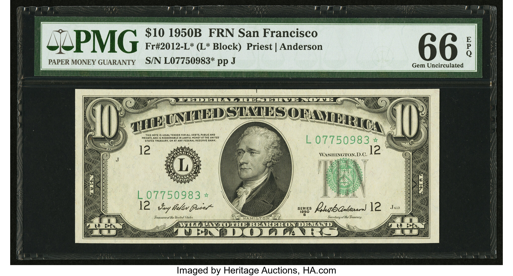 image for: Fr. 2012-L* $10 1950B Federal Reserve Star Note. PMG Gem Uncirculated 66 EPQ....