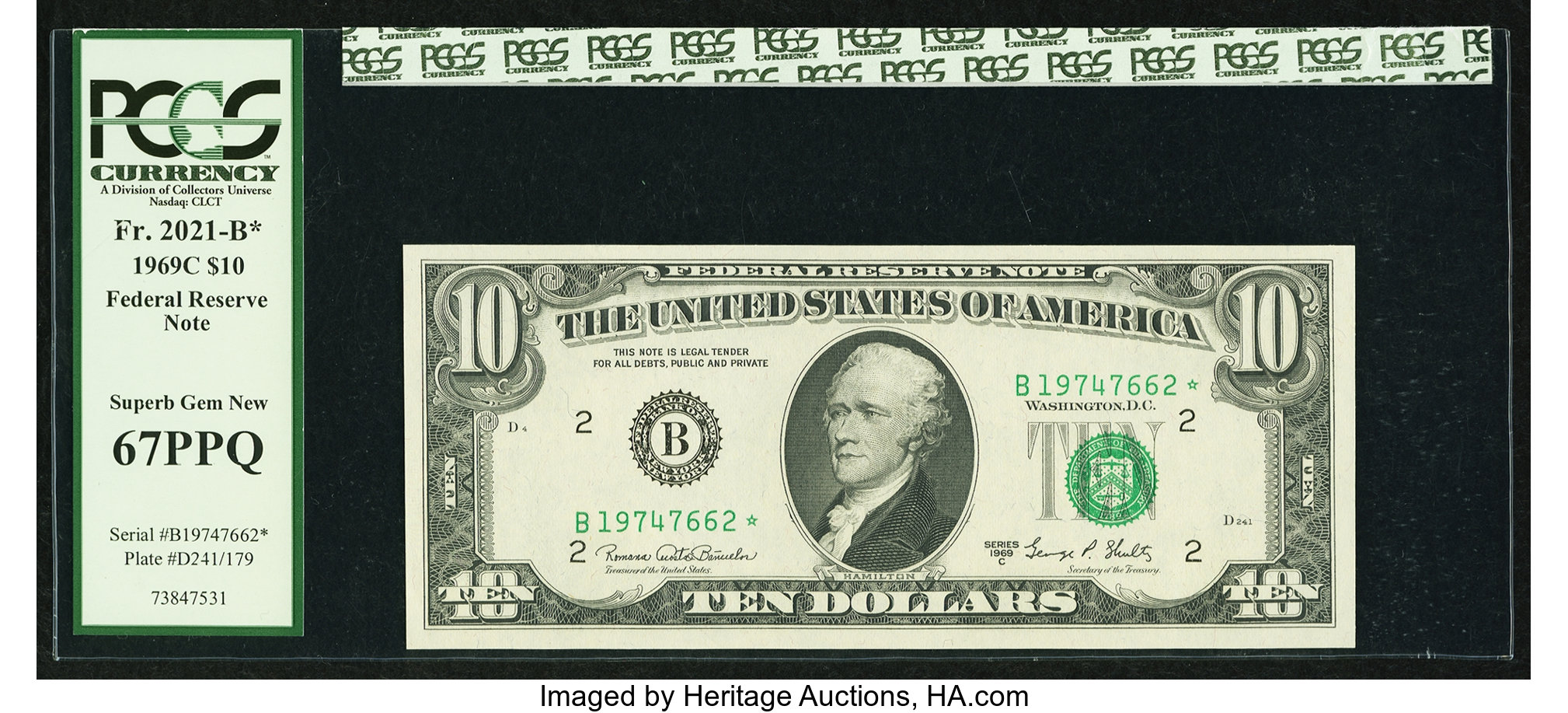 image for: Fr. 2021-B* $10 1969C Federal Reserve Star Note. PCGS Superb Gem New 67PPQ....
