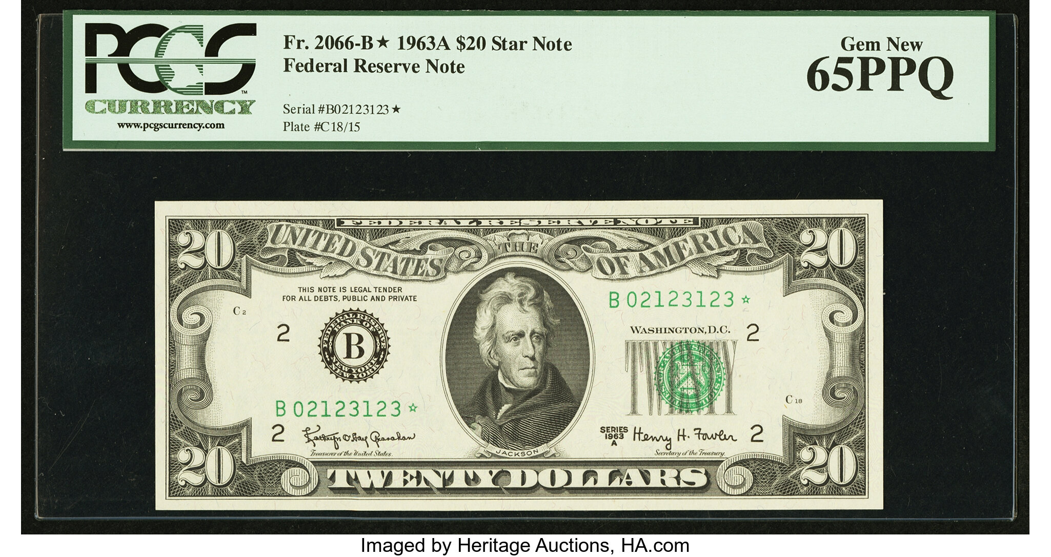 image for: Fr. 2066-B* $20 1963A Federal Reserve Note. PCGS Gem New 65PPQ....