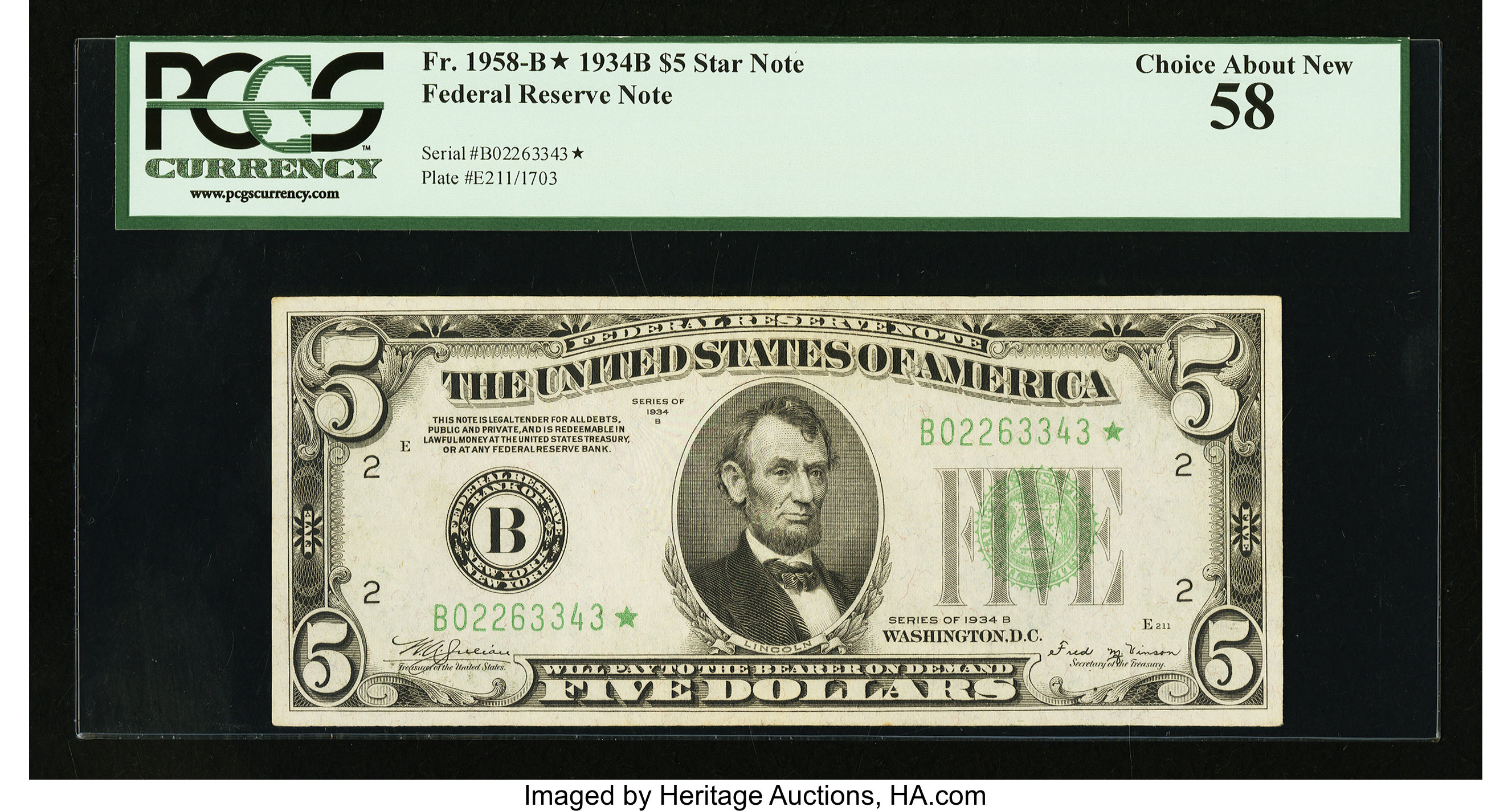 image for: Fr. 1958-B* $5 1934B Federal Reserve Note. PCGS Choice About New 58....
