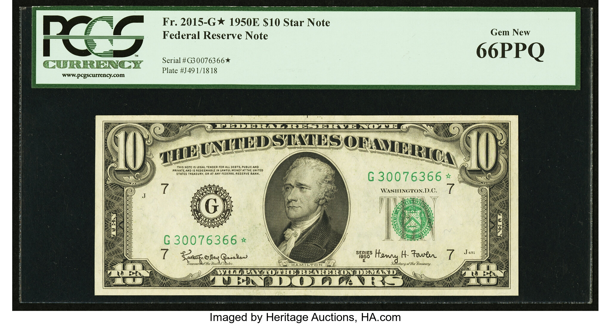 image for: Fr. 2015-G* $10 1950E Federal Reserve Note. PCGS Gem New 66PPQ....