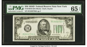 image for: Fr. 2106-B $50 1934D Mule Federal Reserve Note. PMG Gem Uncirculated 65 EPQ....