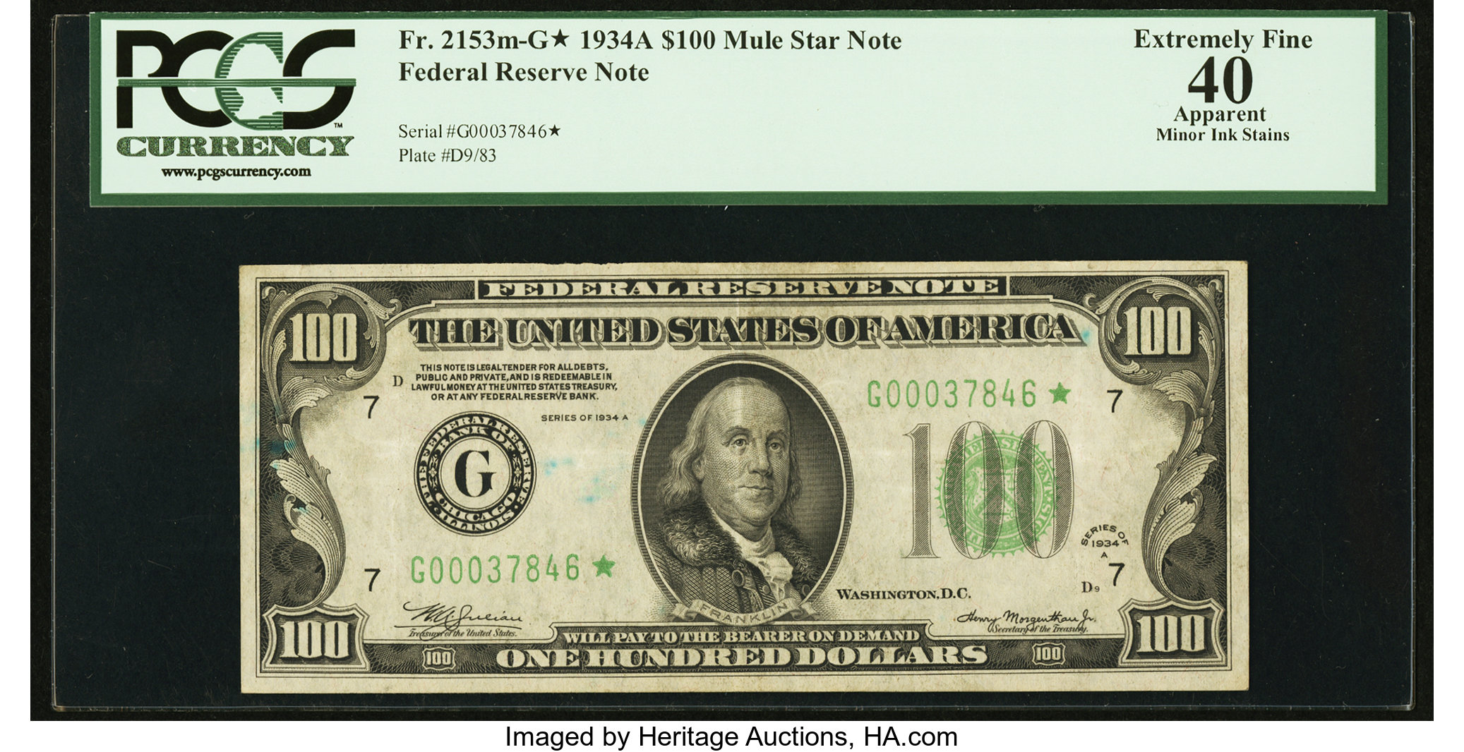 image for: Fr. 2153-G* $100 1934A Mule Federal Reserve Note. PCGS Apparent Extremely Fine 40....