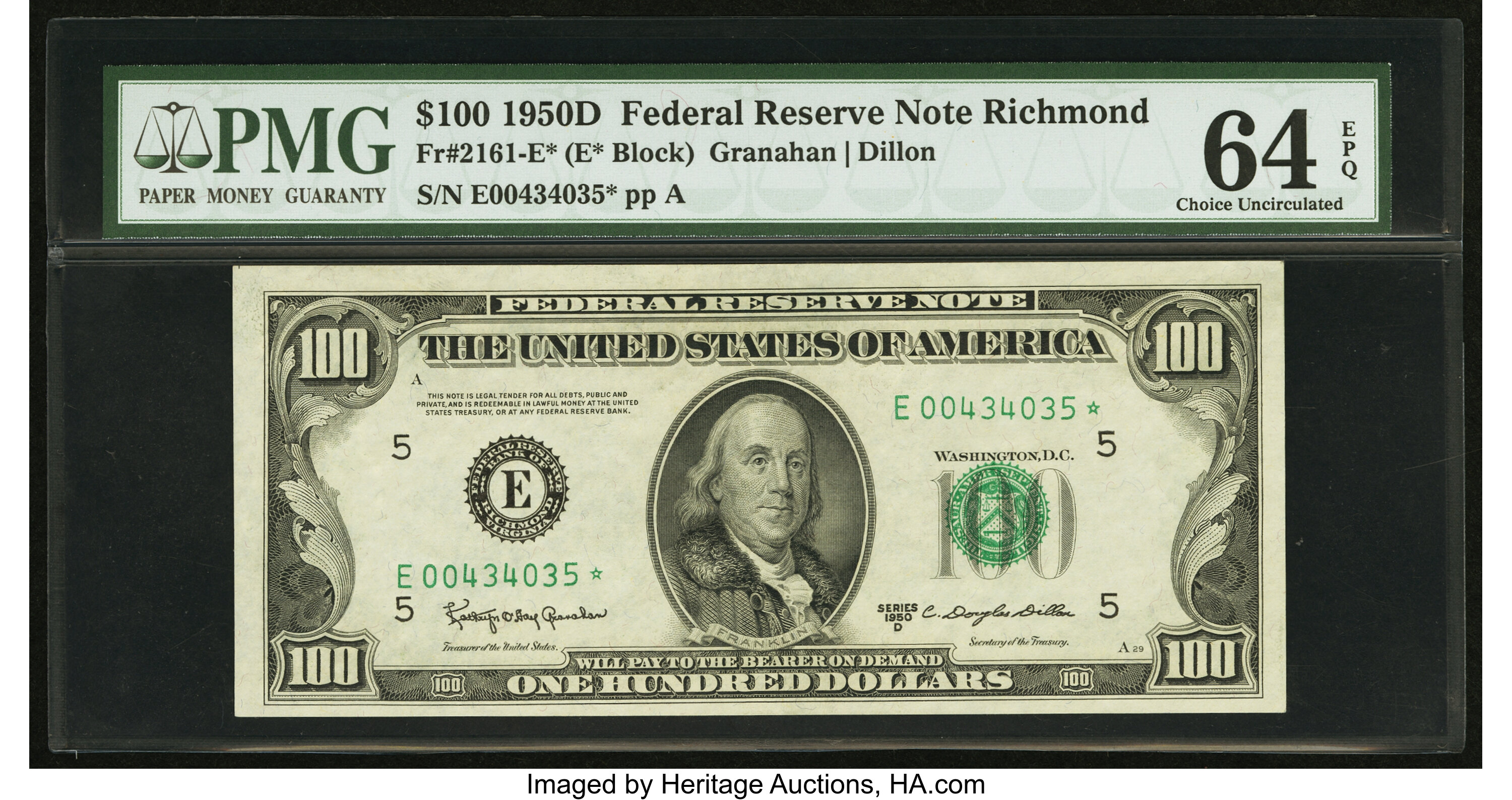 image for: Fr. 2161-E* $100 1950D Federal Reserve Star Note. PMG Choice Uncirculated 64 EPQ....