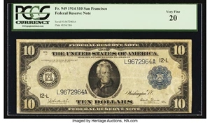 image for: Fr. 949 $10 1914 Federal Reserve Note PCGS Very Fine 20....