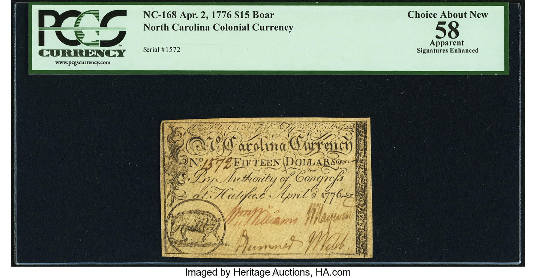 image for: North Carolina April 2, 1776 $15 Boar Fr. NC-168 PCGS Apparent Choice About New 58....