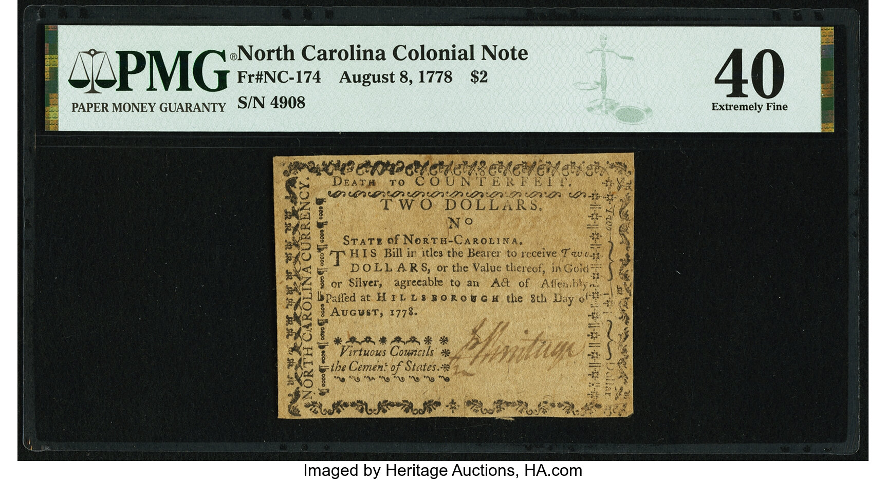 image for: North Carolina August 8, 1778 $2 Virtuous ... Fr. NC-174 PMG Extremely Fine 40....