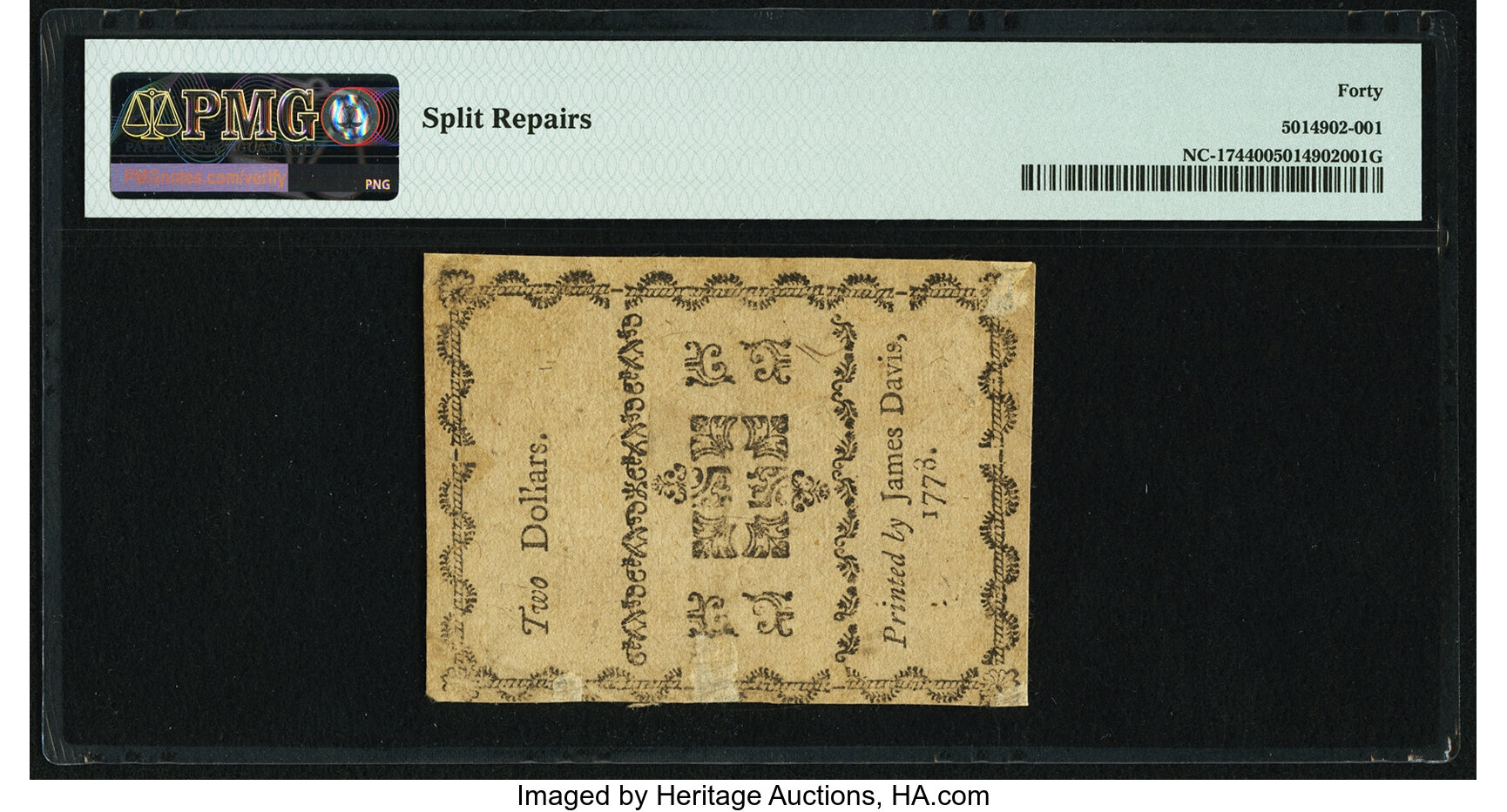 image for: North Carolina August 8, 1778 $2 Virtuous ... Fr. NC-174 PMG Extremely Fine 40....