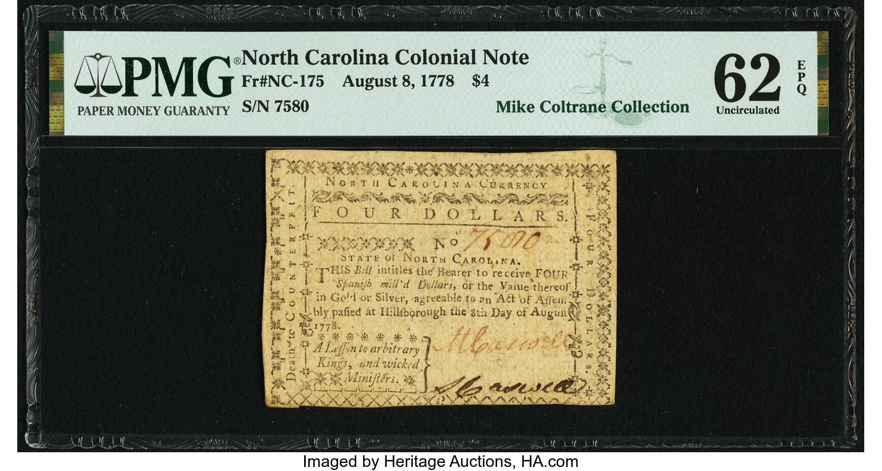 image for: State of North Carolina August 8, 1778 $4 A Lesson... Fr. NC-175 PMG Uncirculated 62 EPQ....